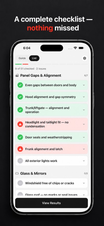 TSL Check checklist screen